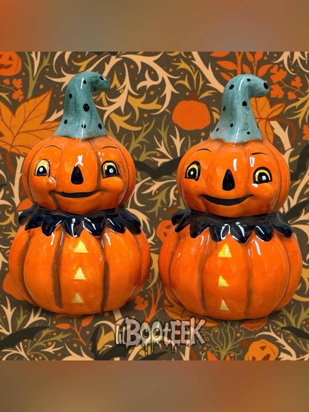 Johanna Parker Halloween Vintage Style Ceramic Pumpkin Salt & Pepper Shakers NiB